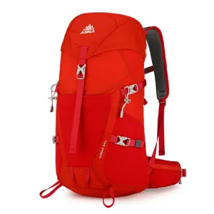 Details of professional 36L hiking backpack in red, showing durable fabric, buckles and straps.