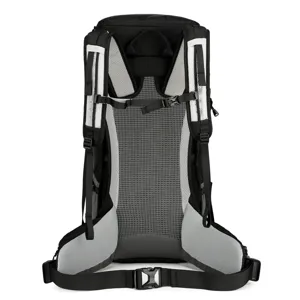 Detailed rear view of black 35L outdoor hiking backpack with breathable mesh system