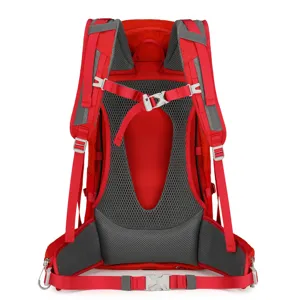 Ergonomic suspension frame back support system detail of professional outdoor hiking backpack.