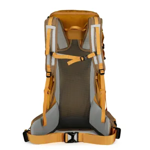 Detailed rear view of hiking backpack showing suspended mesh back panel and adjustable straps.