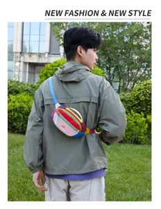 Outdoor color block waist bag detail, rainbow patch crossbody design, water resistant.