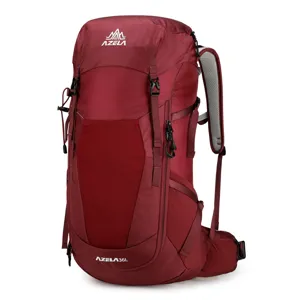 Backpack detail view showing durable nylon fabric, ventilation system, and adjustable straps.