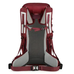 Detailed view of the red hiking backpack back panel with breathable mesh and adjustable straps.