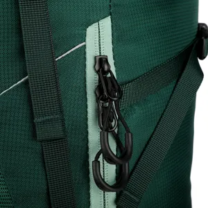 Close-up detail of outdoor hiking backpack zipper, durable nylon fabric and secure pull cords.