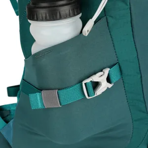 Detailed view of green outdoor hiking backpack side pocket with water bottle and buckle.