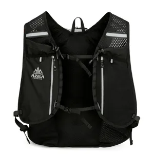 Lightweight running backpack breathable black sports vest bag with reflective strips for hiking.