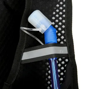 Lightweight sports backpack hydration tube and strap detail view, breathable mesh design.
