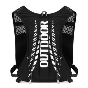 Black outdoor running backpack trail marathon hydration vest with breathable mesh and straps.