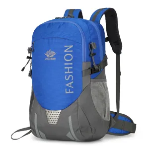 Outdoor mountaineering backpack in blue and grey, large capacity travel main view.