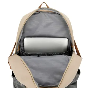 Spacious khaki and grey backpack with laptop compartment for daily travel and outdoor use.