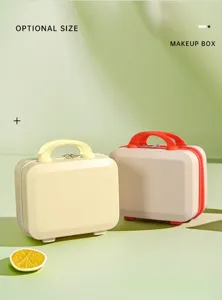 Mini makeup case detail view, portable cosmetic storage box with dual zippers and handle.