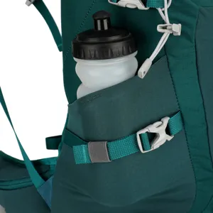 Close-up detail of green outdoor backpack side pocket with water bottle storage and adjustable straps.