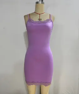 Vestido ajustado morado con encaje, mini vestido sexy de tirantes para mujer fiesta club.