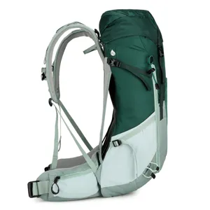 Detailed side view of a 35L waterproof hiking backpack with suspended mesh frame system.