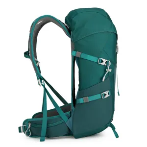 Professional hiking backpack detail view with suspended mesh back system and green durable fabric.