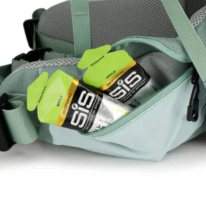 Hiking backpack waist pocket detail, durable nylon material, breathable mesh, outdoor gear.