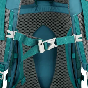Closeup of outdoor backpack sternum strap, breathable mesh shoulder harness and buckle system.