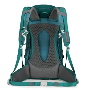 Professional hiking backpack back system detail featuring breathable mesh and adjustable straps.