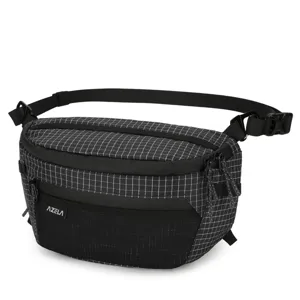 Black grid chest bag, stylish lightweight crossbody waist bag for men and women daily travel.