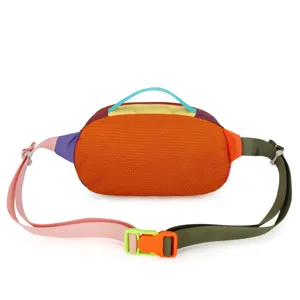 Colorful outdoor fanny pack waist bag with color block design and adjustable straps.