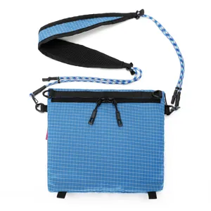 Outdoor mini crossbody shoulder bag with breathable mesh strap and blue grid pattern.
