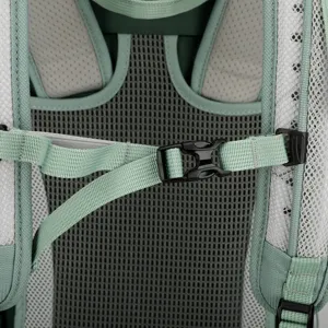 Close-up detail of outdoor backpack breathable mesh back panel and adjustable strap buckle.