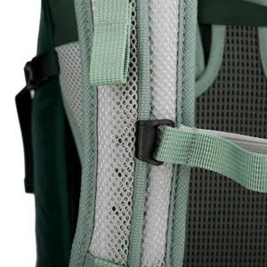 Backpack shoulder strap detail showing breathable mesh and adjustable buckle system.