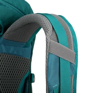 Close-up detail of the breathable mesh shoulder strap and durable webbing on a professional hiking backpack.
