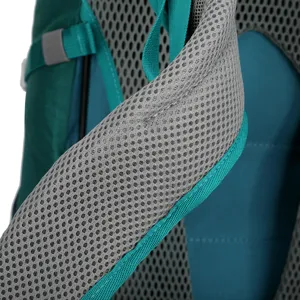 Close-up detail of the breathable mesh shoulder strap for professional hiking backpack.