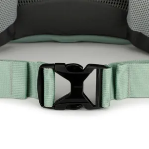 Close-up of durable backpack buckle and nylon strap detail, sturdy outdoor gear component.