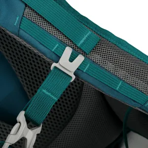 Close-up of teal outdoor backpack shoulder strap, breathable mesh padding and buckle detail.