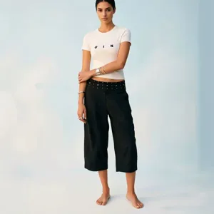 Womens Casual Loose Spliced Fold Waist Hotfix Rhinestone Casual Trousers Fashion Elegant Daily Long Pants