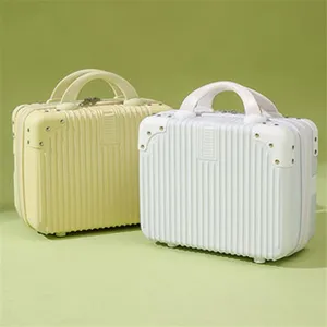 Mini 14-inch cosmetic suitcase in light yellow and white, portable travel storage box details.