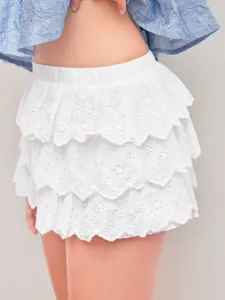 White eyelet lace tiered mini skirt summer casual ruffled short skirt for women wear