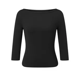 Zwarte basic 3/4 mouw boothals top detail, nauwsluitende gebreide stof close-up weergave.