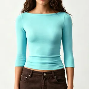 Vrouwen casual effen kleur boothals 3/4 mouw slim fit t-shirt detail dagelijkse top