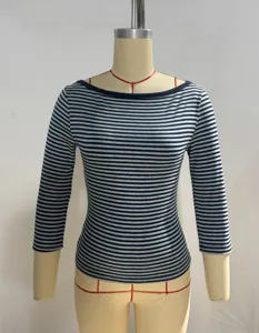 Dames casual gestreept 3/4 mouw basic t-shirt met klassieke bootneck, zachte gebreide top.