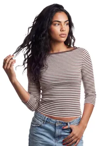 Vrouwen casual gestreepte basic 3/4 mouw t-shirt, stijlvolle slim fit herfst top.