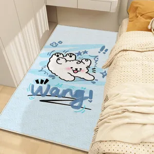 Detailed view of a cute cartoon dog printed faux cashmere bedroom bedside rug, soft non-slip floor mat.