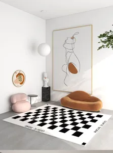 Black and white checkered PVC floor mat modern minimalist living room area rug soft surface