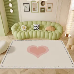 Living room PVC waterproof wipeable carpet detail featuring a pink heart and English text.