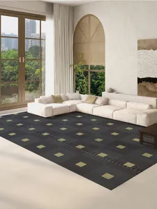 Modern living room area rug, dark gray floor mat with gold square pattern for home decor.