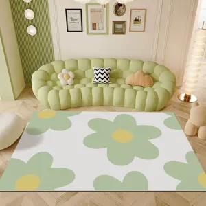 Detail shot of PVC washable floral area rug in living room, waterproof and easy to clean.