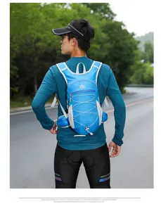 Lightweight outdoor cycling hiking backpack with bungee cord, ergonomic blue sports daypack.