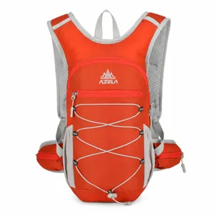 Lightweight orange cycling backpack with breathable mesh straps and front bungee cord for hiking.