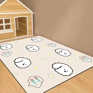 Cute cartoon puppy pattern floor mat detail, soft wipeable material for living room decor.