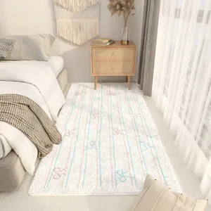 Tappeto da comodino in morbido peluche con fiocchi, tappeto accogliente per camera da letto.