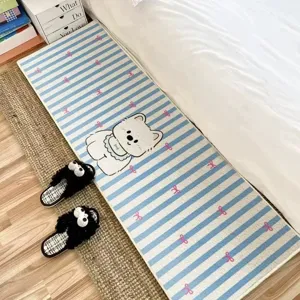 Blue and white striped cute cartoon bear plush bedside carpet for bedroom decoration