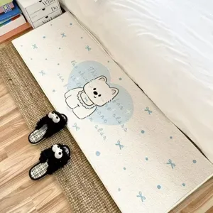 Cute cartoon long bedside rug, soft plush bedroom floor mat with lovely bear pattern.