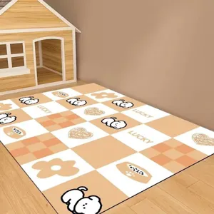 Cute cartoon pet floor mat detail, cozy orange checkered rug with adorable puppy prints.